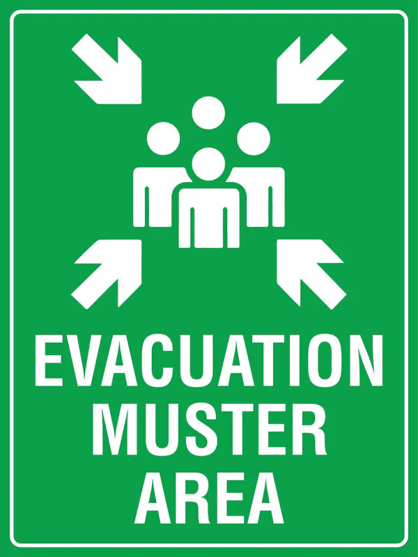 Muster point or emergency evacuation point sign